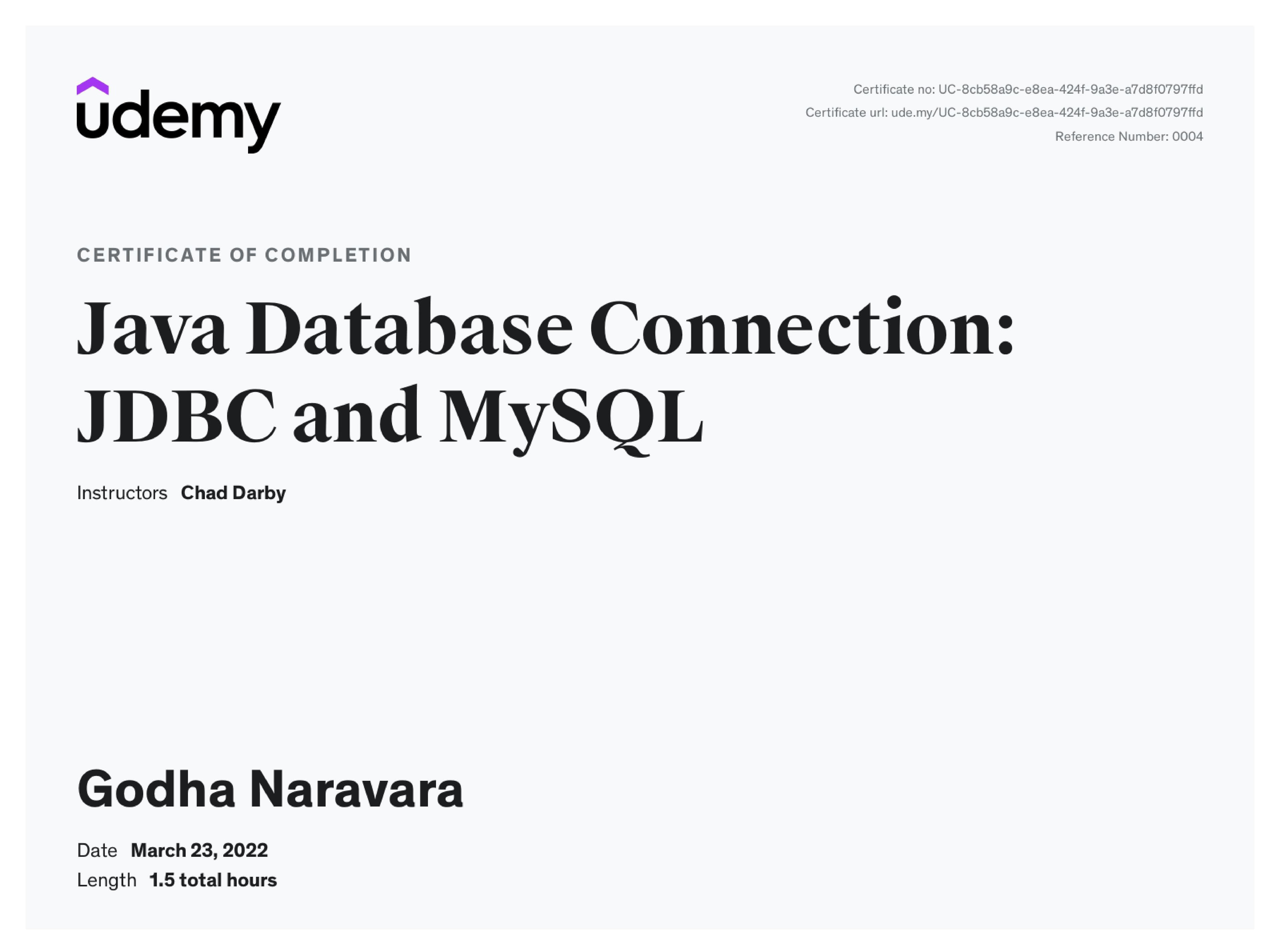 Java Database Connection JDBC and MySQL Certificate